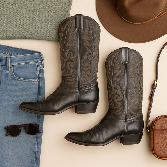 Dan Post Vintage Black Leather Western Cowboy Boots Men’s Size 8 USA Made in EUC - Picture 3 of 15